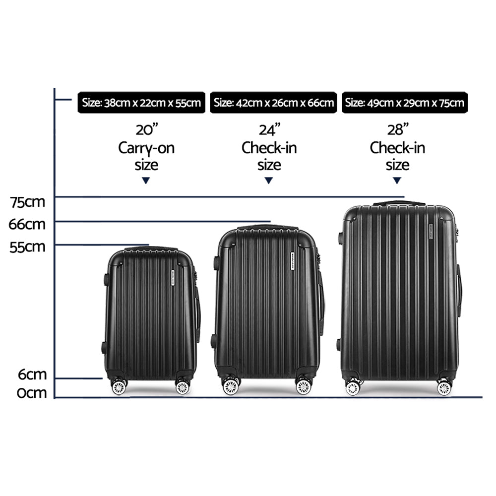 Wanderlite Luggage Set 3pc 20" 24" 28" Suitcase Hardcase Trolley Travel Black-1