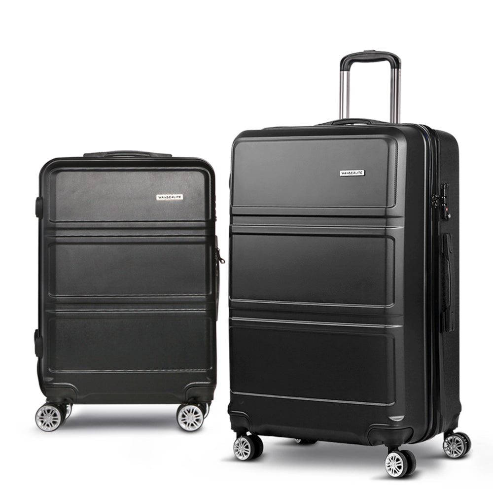 Wanderlite 2pc Luggage Trolley Set Suitcase Travel TSA Carry On Hard Case Lightweight Black-0