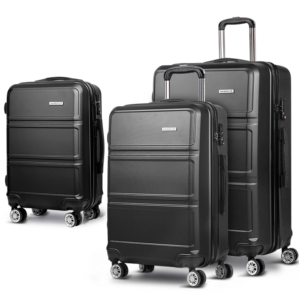 Wanderlite 3pc Luggage Trolley Set Suitcase Travel TSA Carry On Hard Case Lightweight Black-0