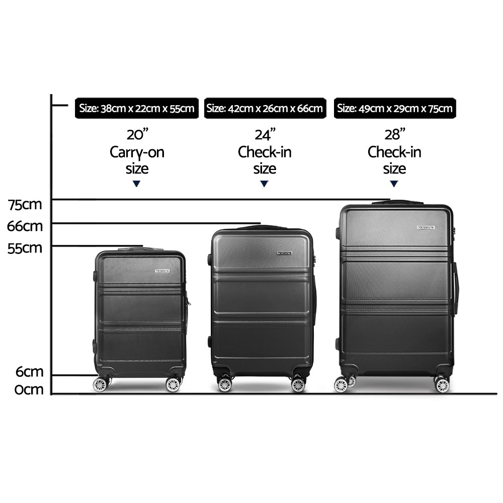 Wanderlite 3pc Luggage Trolley Set Suitcase Travel TSA Carry On Hard Case Lightweight Black-1