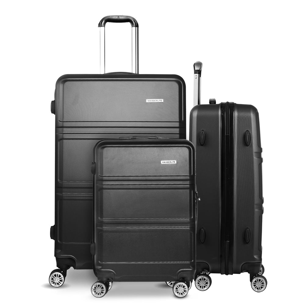 Wanderlite 3pc Luggage Trolley Set Suitcase Travel TSA Carry On Hard Case Lightweight Black-2