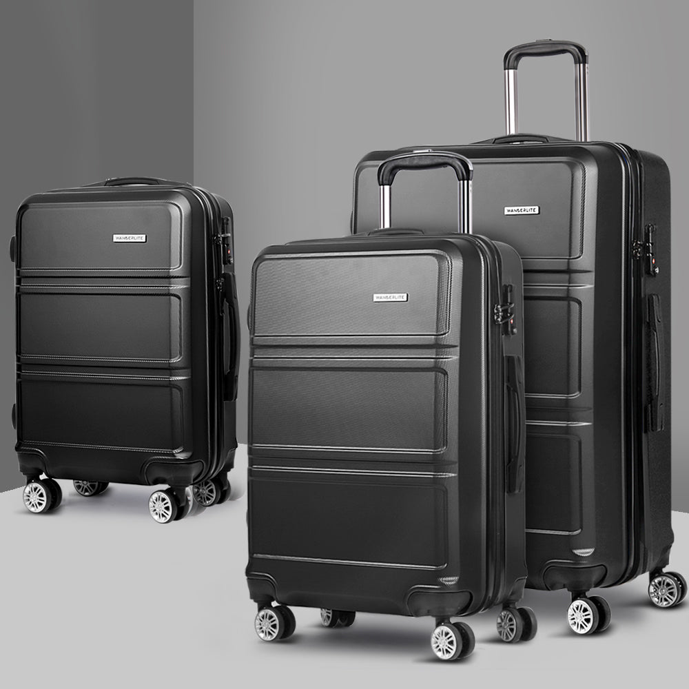 Wanderlite 3pc Luggage Trolley Set Suitcase Travel TSA Carry On Hard Case Lightweight Black-7