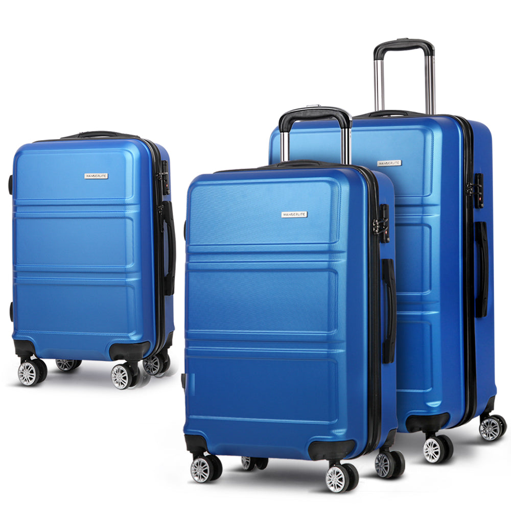 Wanderlite 3pc Luggage Trolley Set Suitcase Travel TSA Carry On Hard Case Lightweight Blue-0