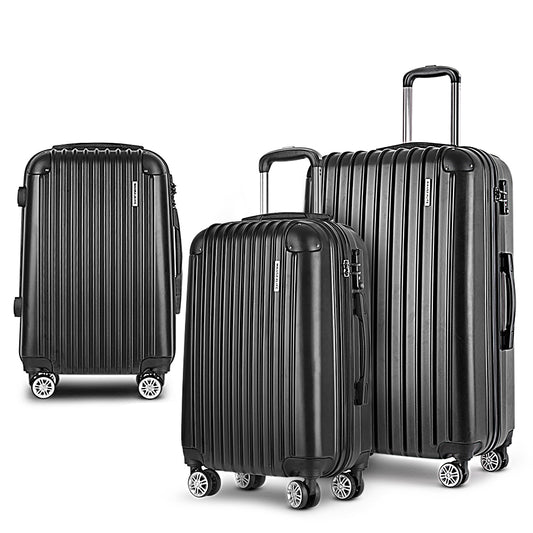 Wanderlite 3pcs LuggageTrolley Set Travel Suitcase Storage Organiser Carry On Hard Case TSA Lightweight Black-0