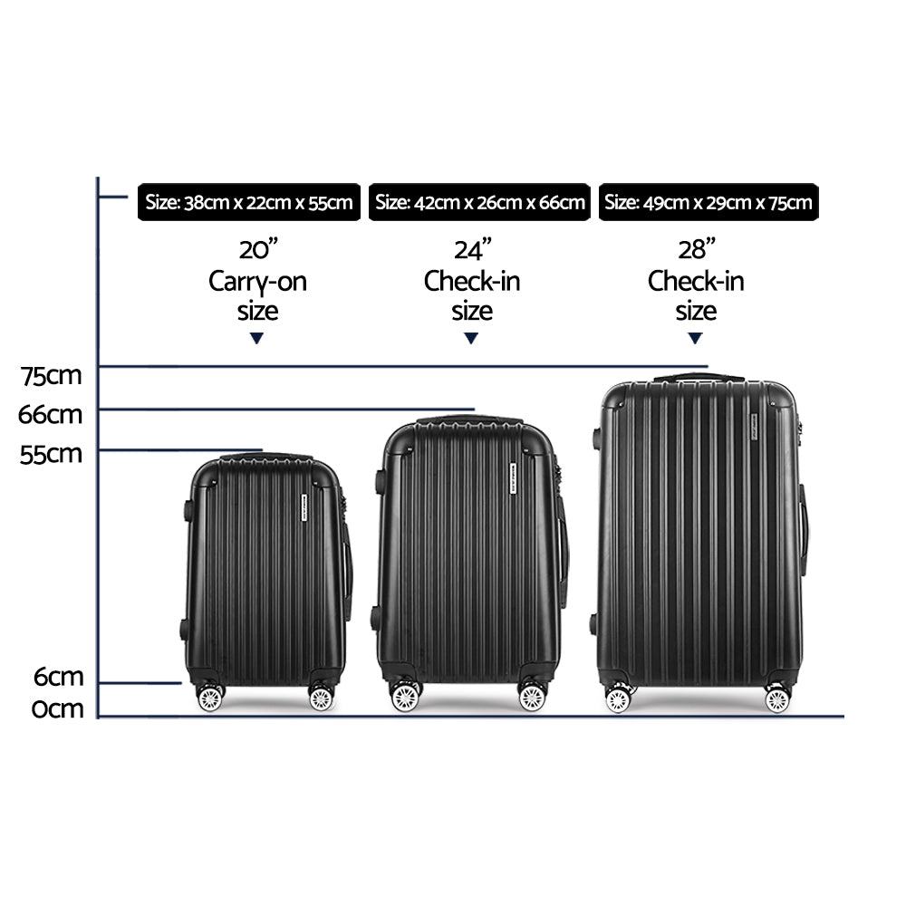 Wanderlite 3pcs LuggageTrolley Set Travel Suitcase Storage Organiser Carry On Hard Case TSA Lightweight Black-1