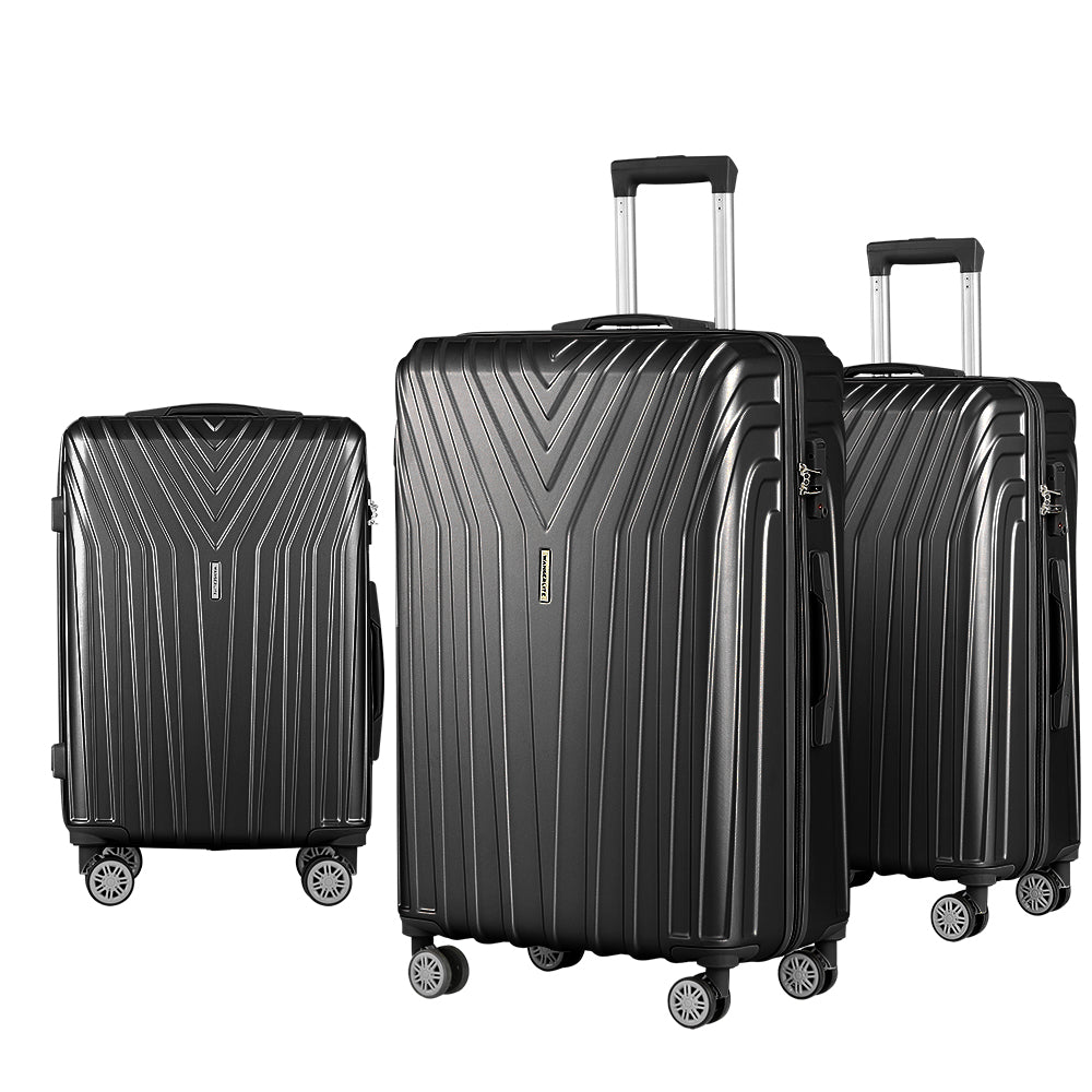 Wanderlite 3pc Luggage Trolley Set Suitcase Travel TSA Hard Case Carry On Black Lightweight-0