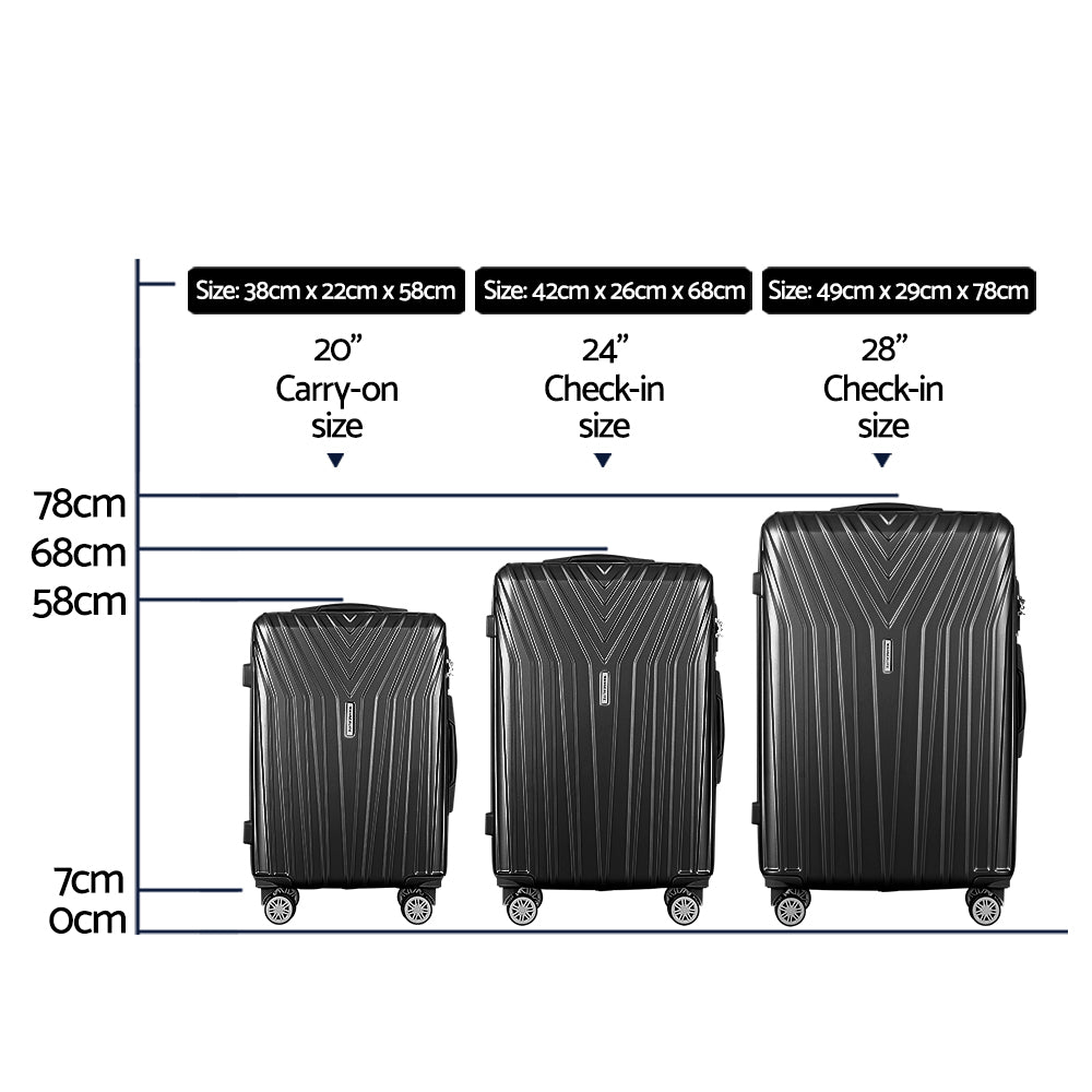 Wanderlite 3pc Luggage Trolley Set Suitcase Travel TSA Hard Case Carry On Black Lightweight-1