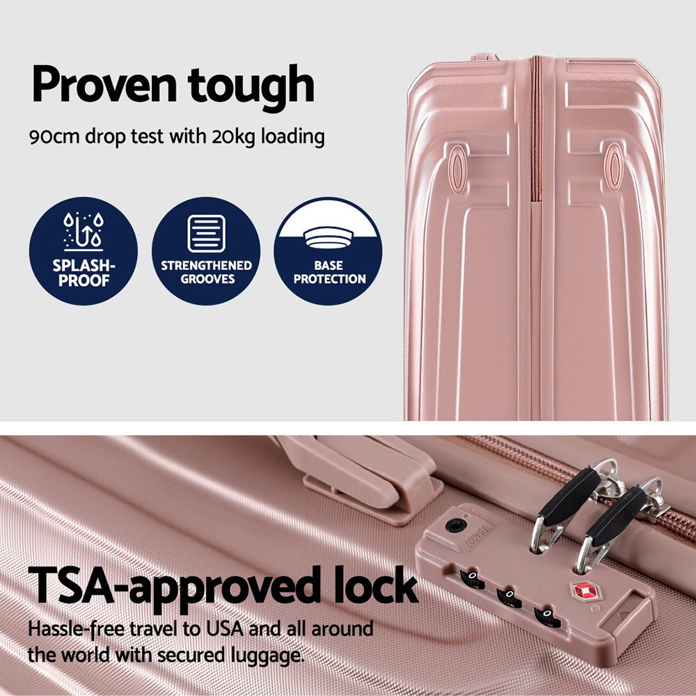 Wanderlite 3pc Luggage Trolley Set Suitcase Travel TSA Hard Case Carry On Pink Lightweight-3