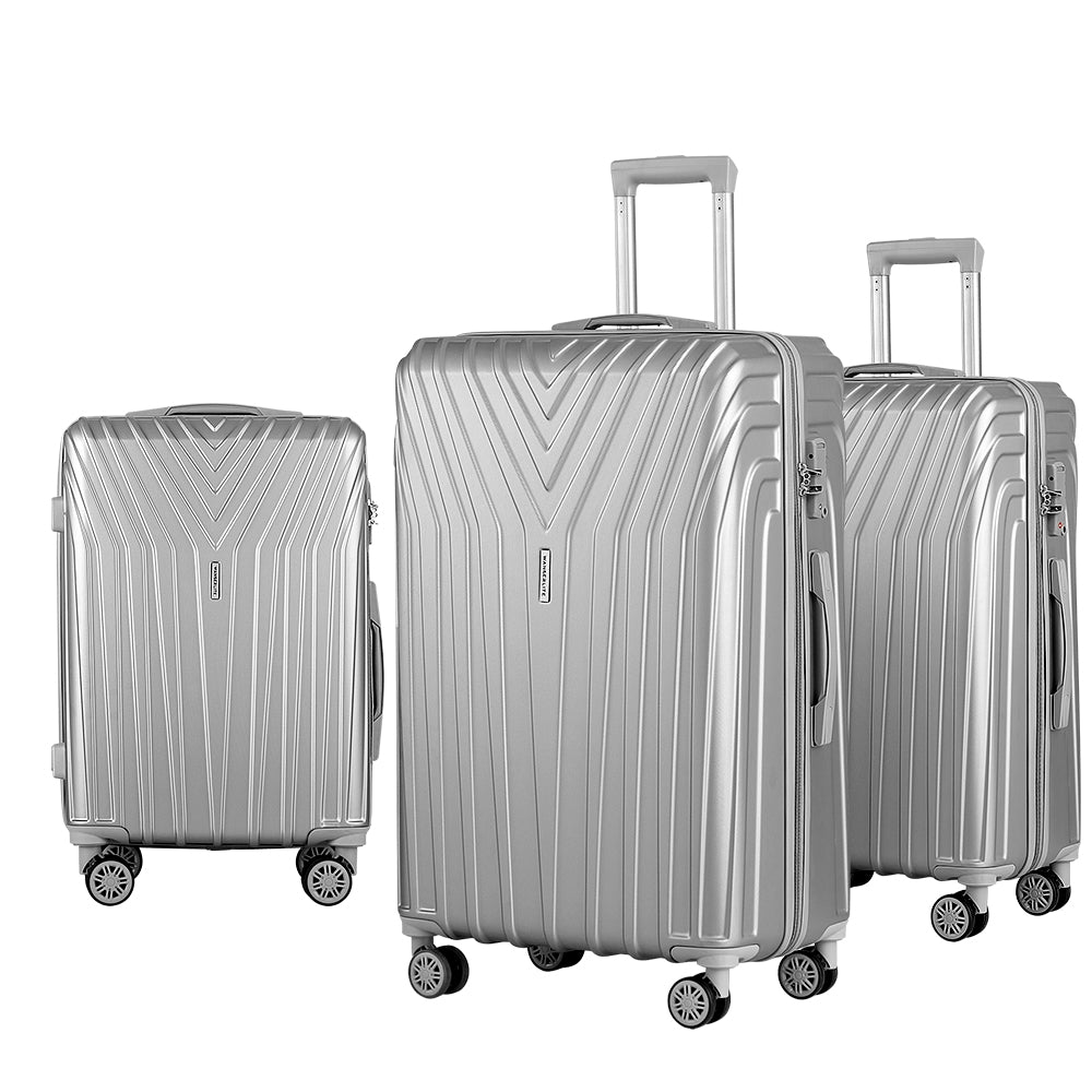 Wanderlite 3pc Luggage Trolley Set Suitcase Travel TSA Hard Case Carry On Silver Lightweight-0