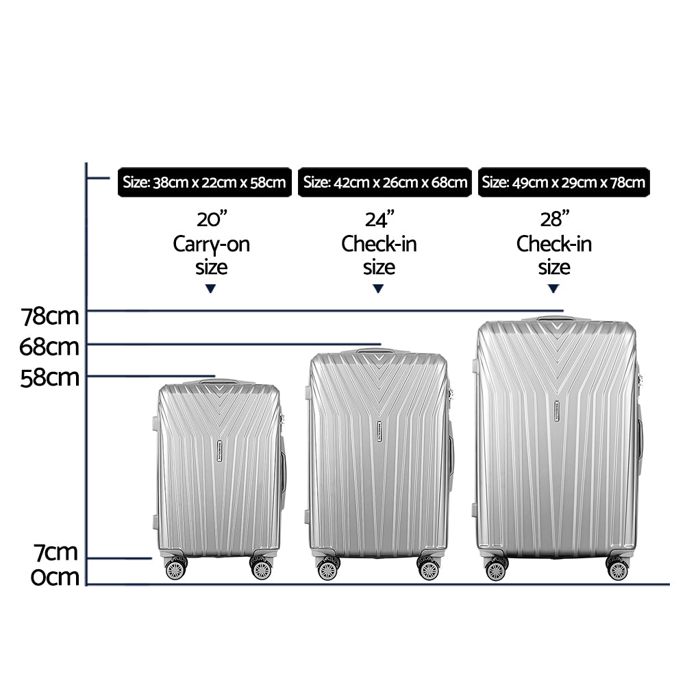 Wanderlite 3pc Luggage Trolley Set Suitcase Travel TSA Hard Case Carry On Silver Lightweight-1