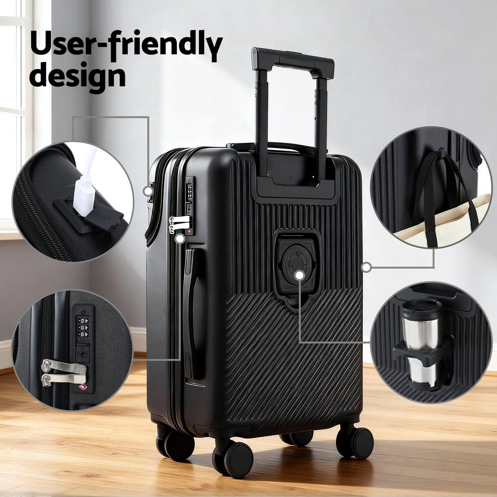 Wanderlite 20" Luggage Suitcase Front Pocket Travel Carry On TSA Black-4