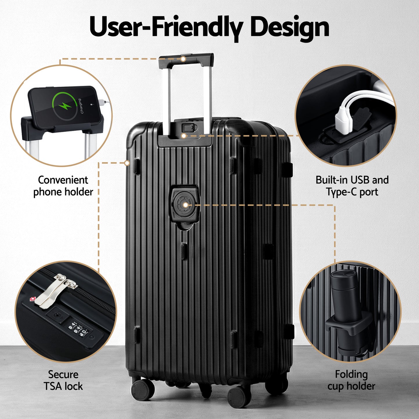 Wanderlite 28" Trunk Luggage Suitcase Travel 5 Wheels Type-C Port TSA Black