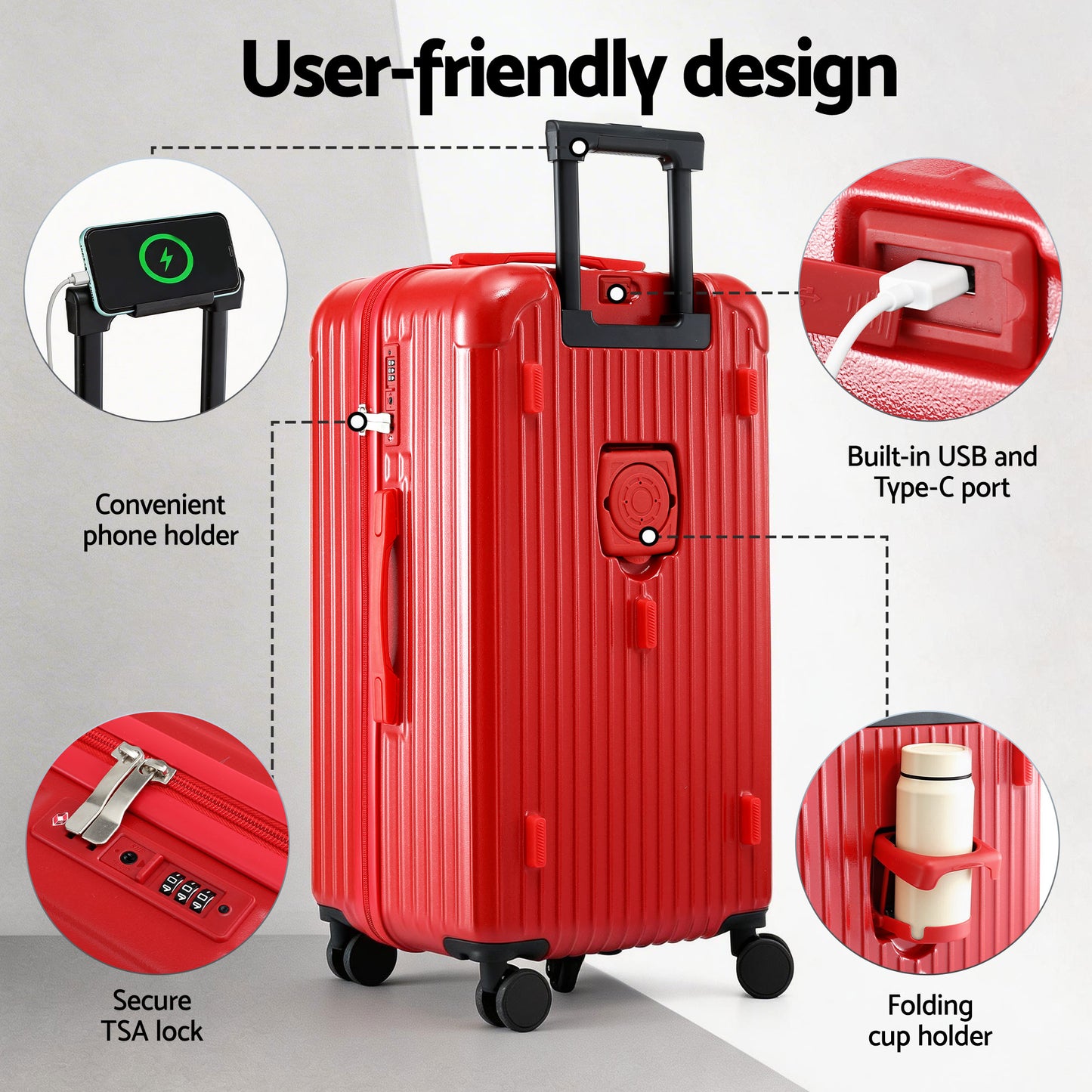 Wanderlite 28" Trunk Luggage Suitcase Travel 5 Wheels Type-C Port TSA Red