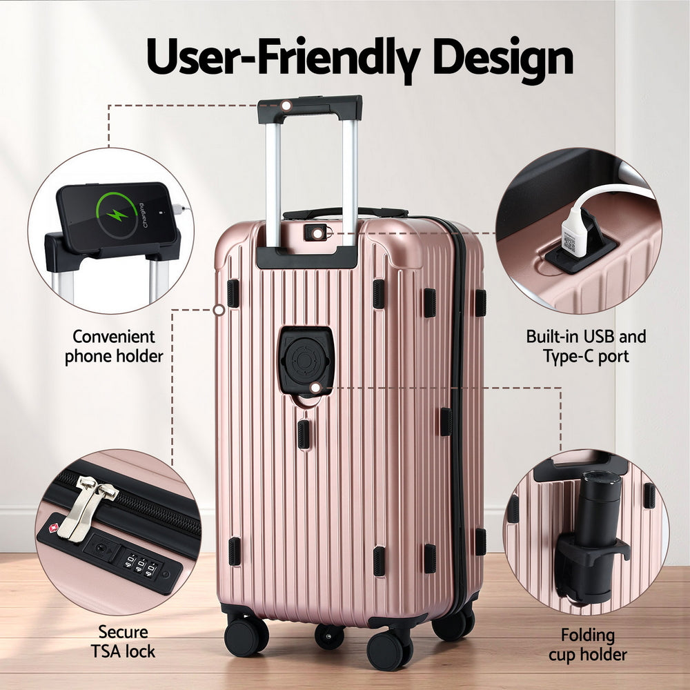 Wanderlite 28" Trunk Luggage Suitcase Travel 5 Wheels Type-C Port TSA Rose Gold-4