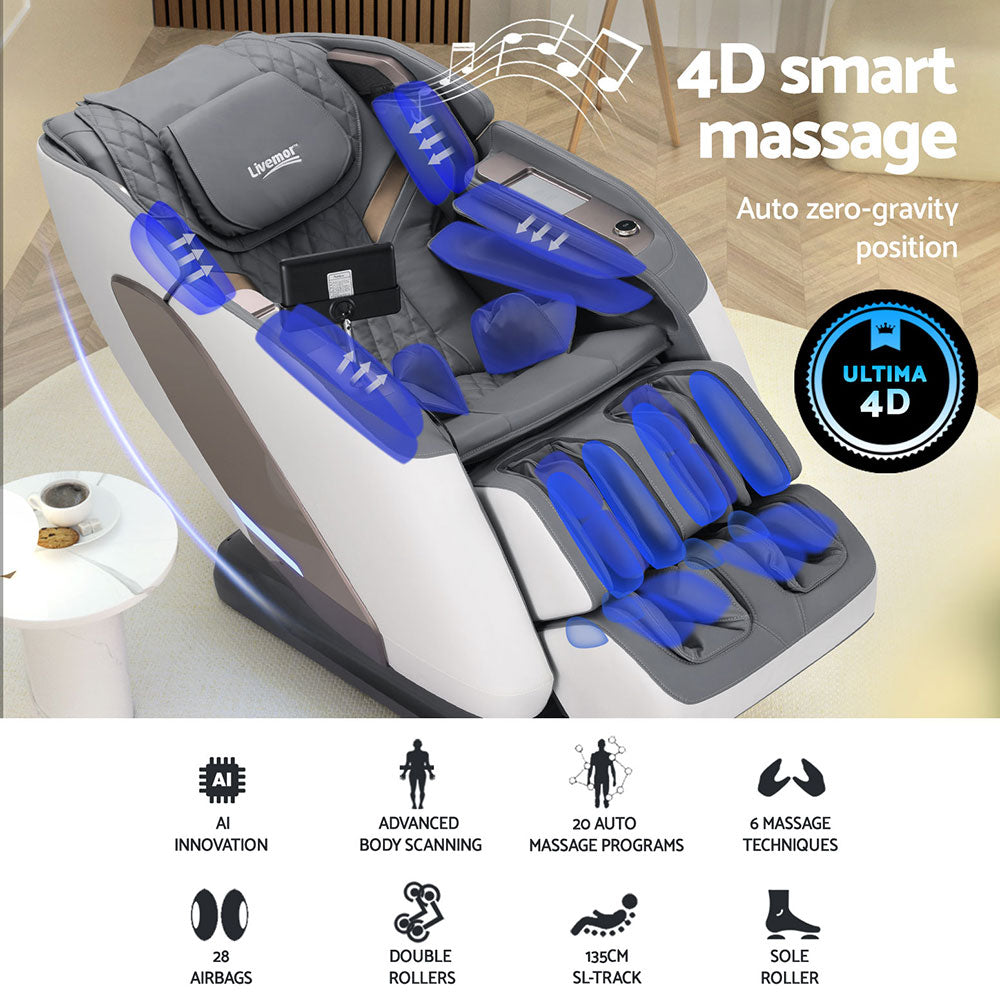 Livemor 4D Massage Chair Electric Recliner Double Core Mechanism Massager Melisa White-3