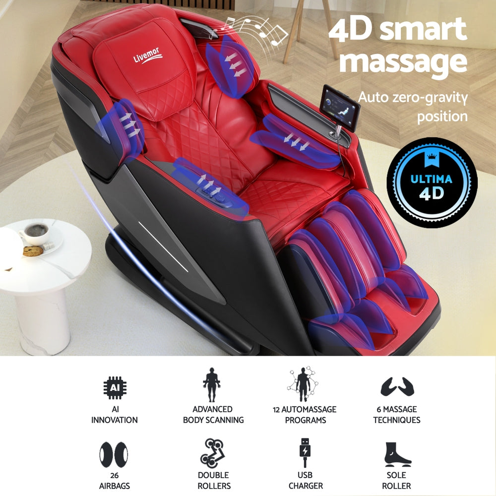 Livemor 4D Massage Chair Electric Recliner Home Massager Red-3