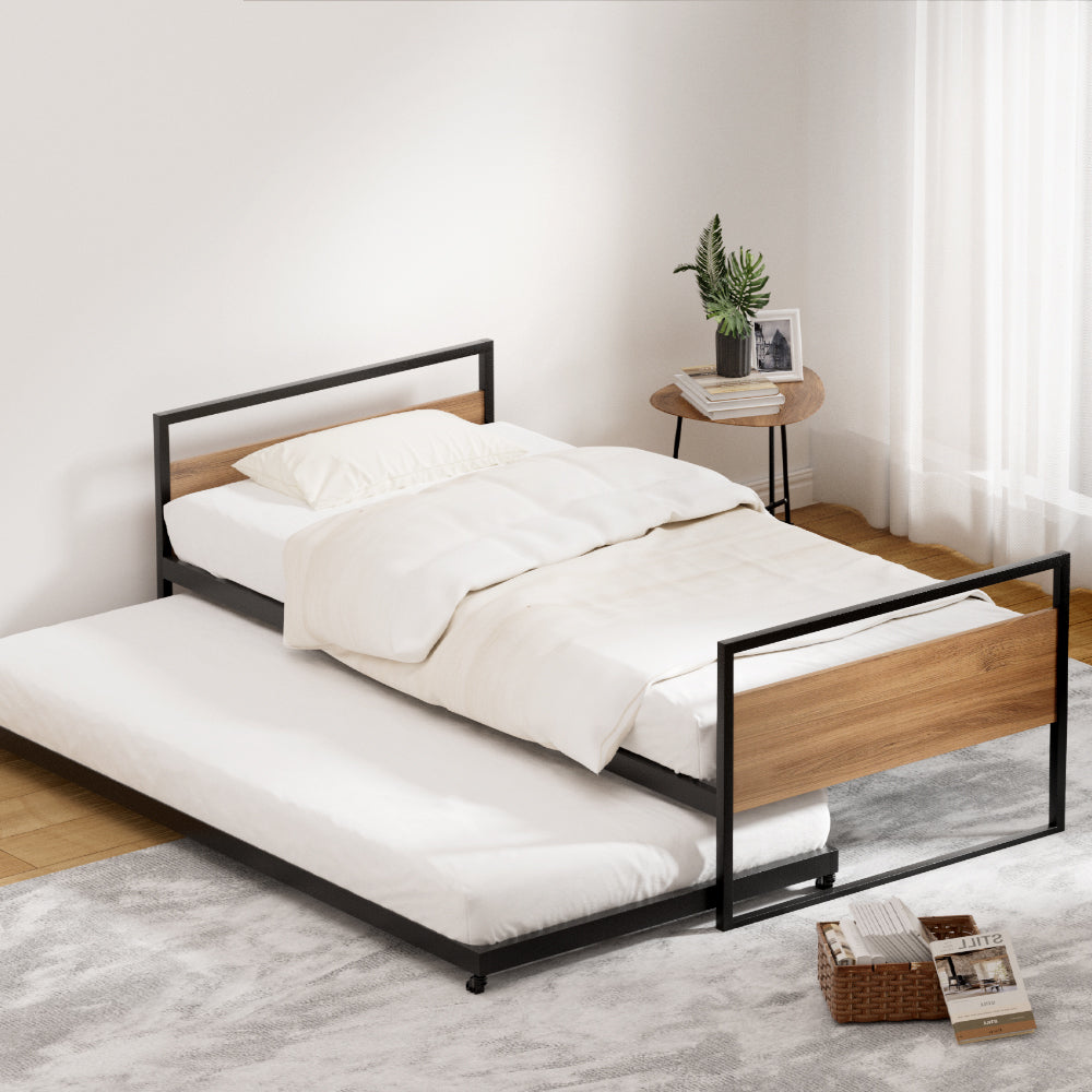 Artiss Bed Frame 2x Single Size Metal Trundle Daybed DEAN-0