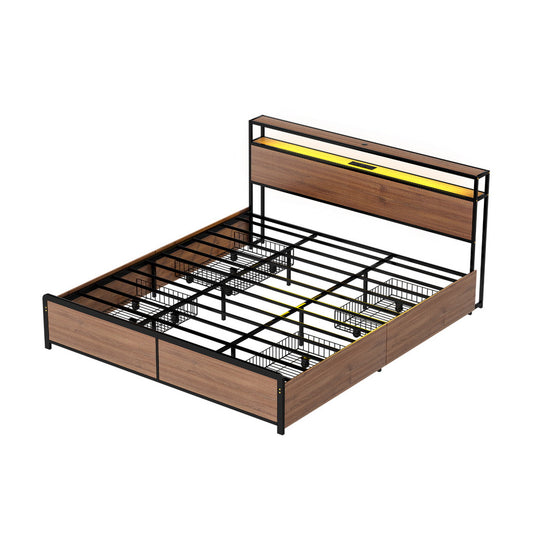 Artiss Metal Bed Frame King Size with 2-Tier Storage Headboard Metal Platform with 4 Storage Drawers Built in Charging Station & LED Noise-Free/Metal Support/No Box Spring Needed Vintage Brown-0