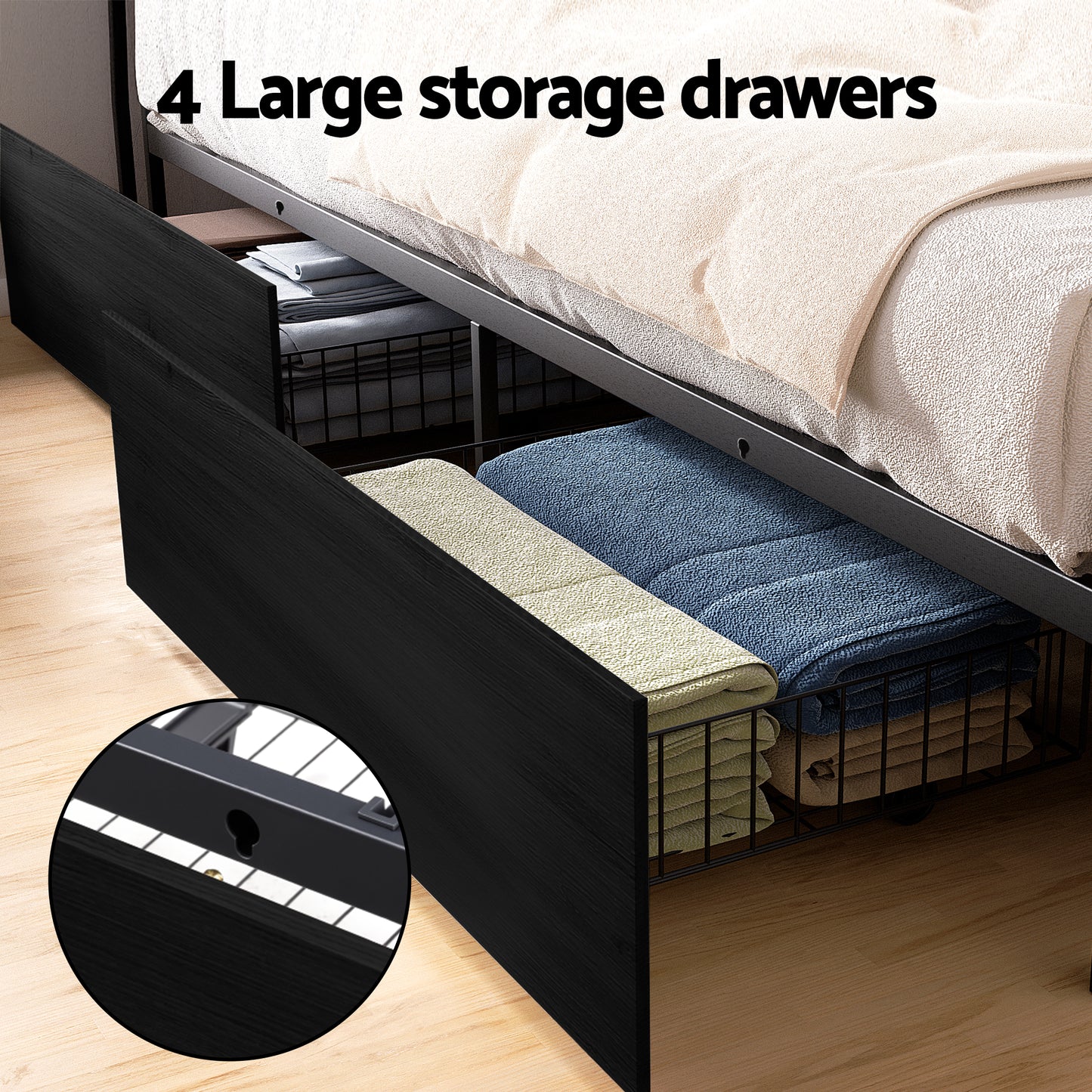 Artiss Metal Bed Frame Queen Size Storage Headboard Charge Station LED 4 Drawers-5