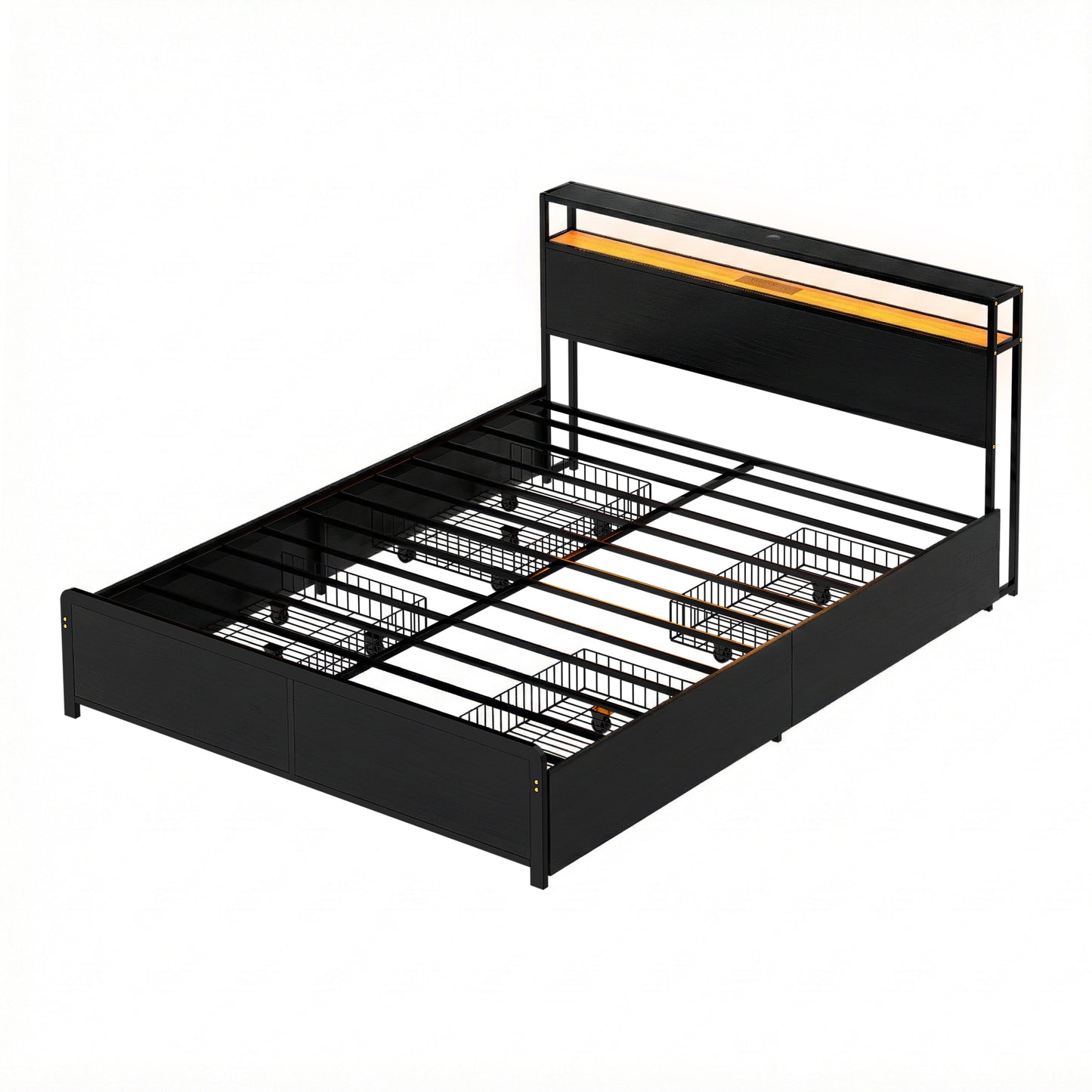 Artiss Metal Bed Frame Queen Size Storage Headboard Charge Station LED 4 Drawers-6