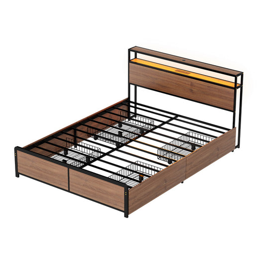 Artiss Metal Bed Frame Queen Size with 2-Tier Storage Headboard Metal Platform with 4 Storage Drawers Built in Charging Station & LED Noise-Free/Metal Support/No Box Spring Needed Vintage Brown-0