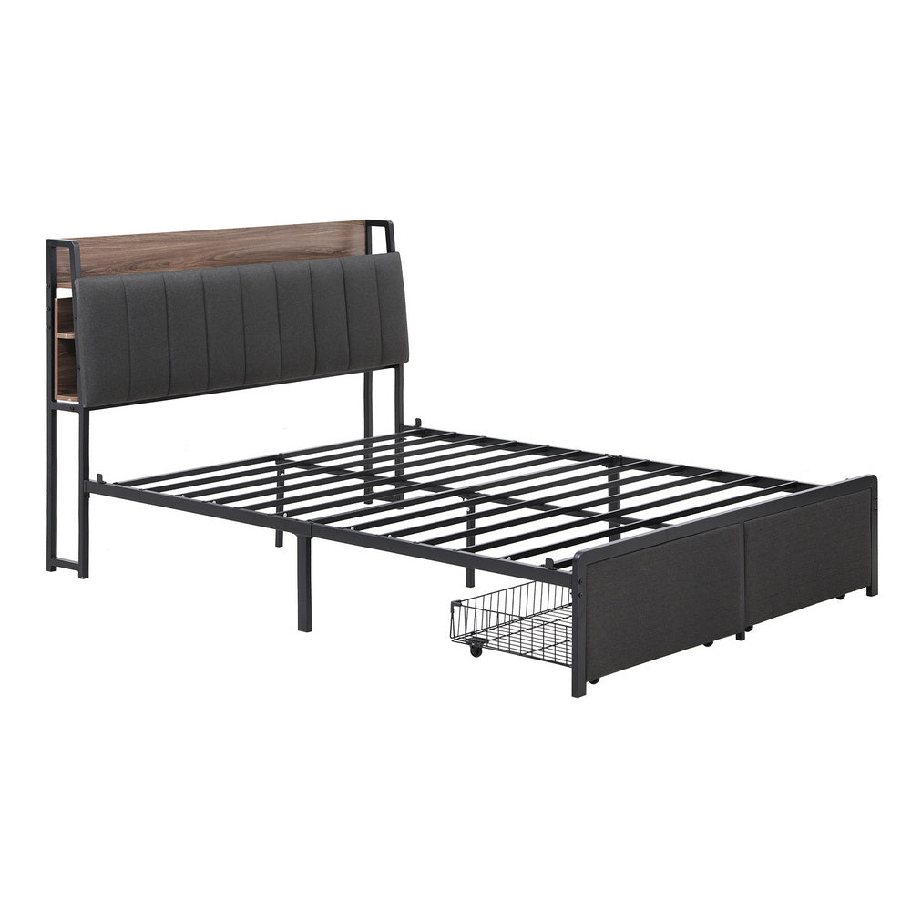 Artiss Metal Bed Frame Queen Size with 2-Tier Hidden Storage with Charging Station-6