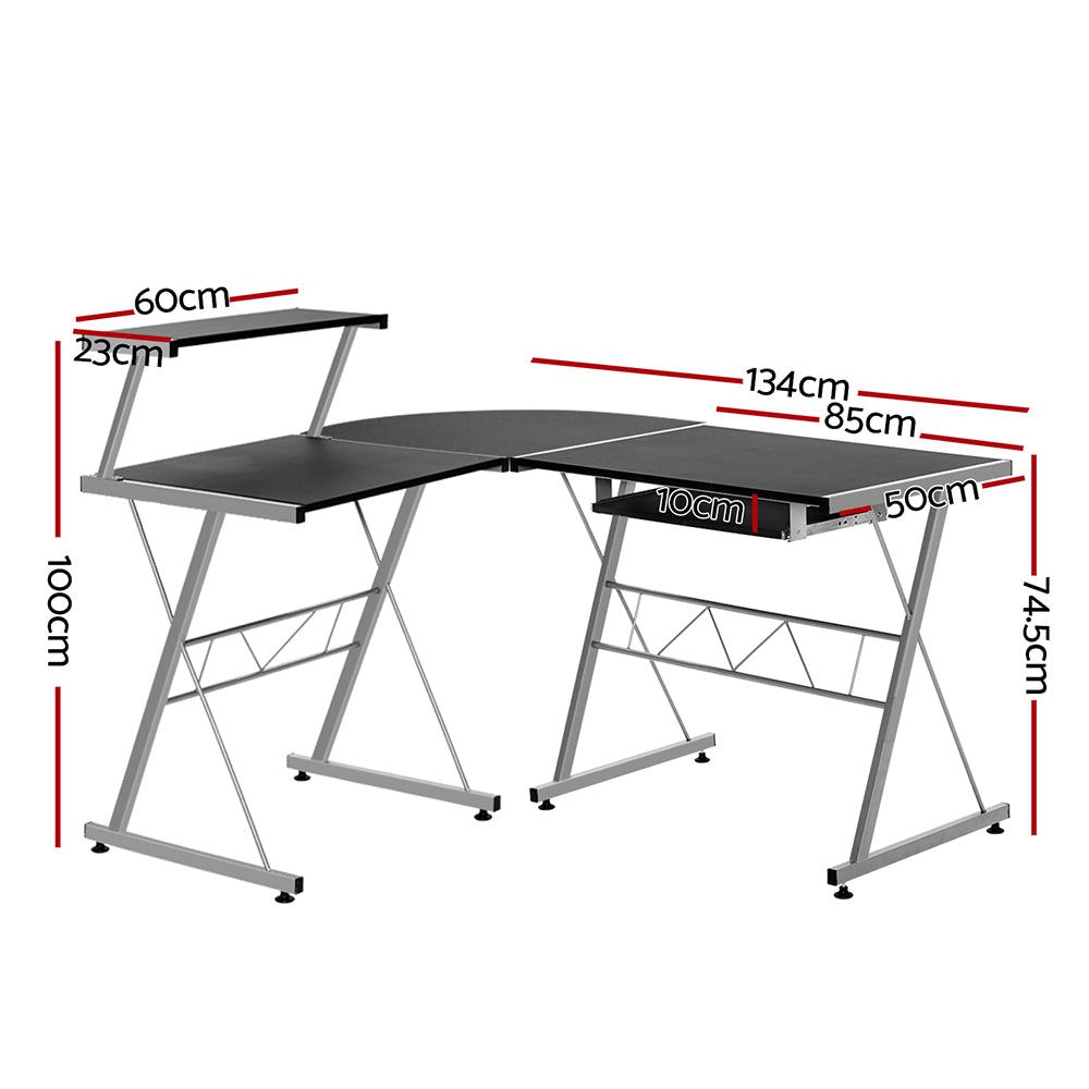 Artiss Computer Desk L-Shape Keyboard Tray Shelf Black-1