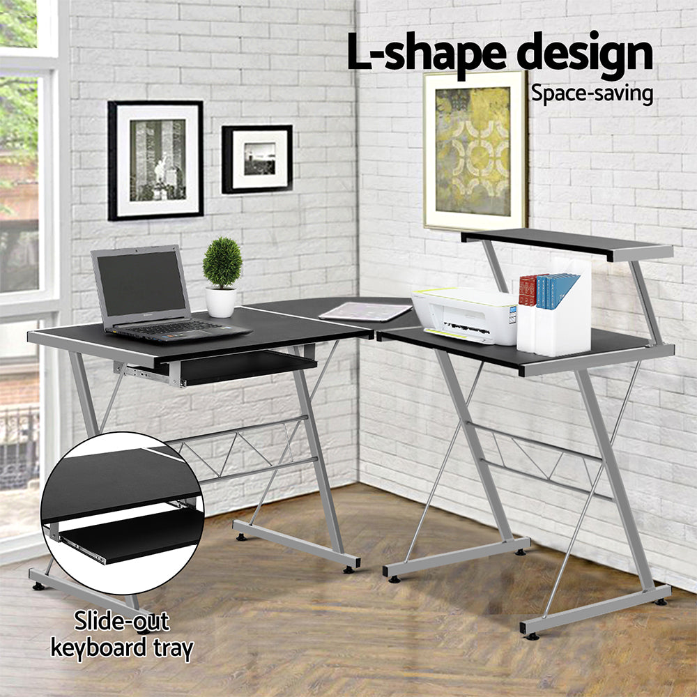 Artiss Computer Desk L-Shape Keyboard Tray Shelf Black-4