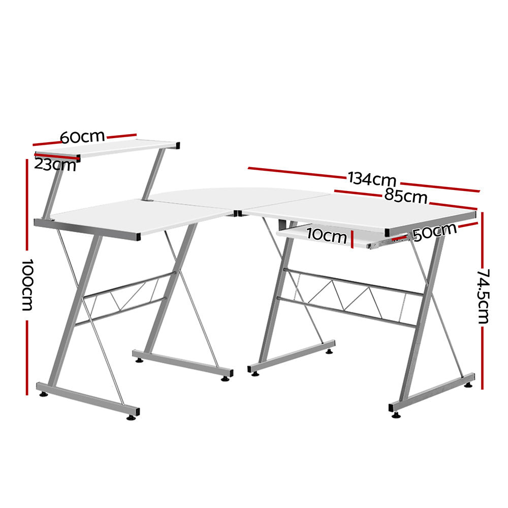 Artiss Computer Desk L-Shape Keyboard Tray Shelf White-1