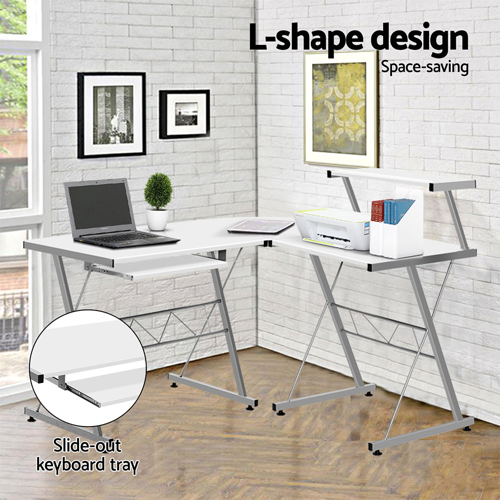 Artiss Computer Desk L-Shape Keyboard Tray Shelf White-4