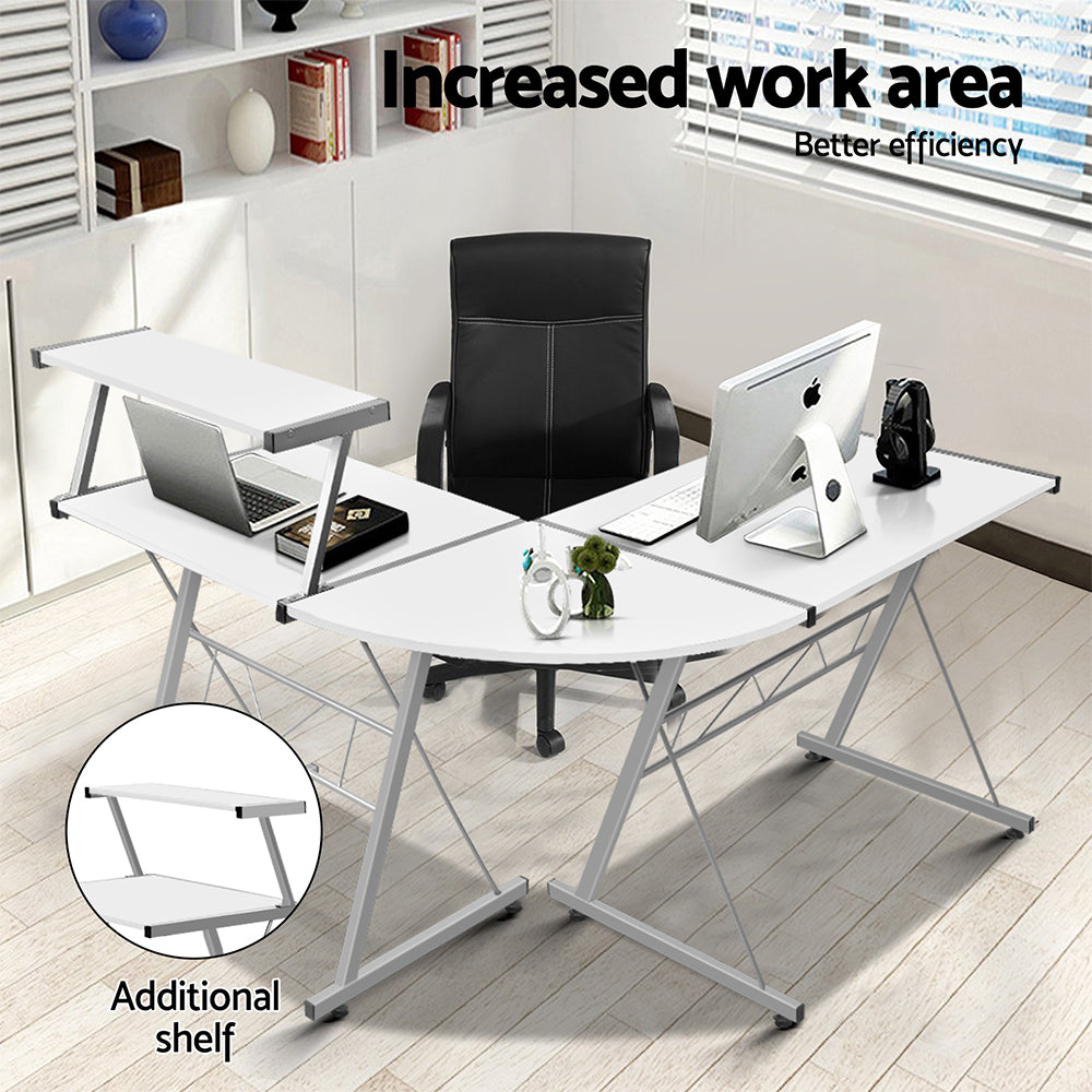 Artiss Computer Desk L-Shape Keyboard Tray Shelf White-6