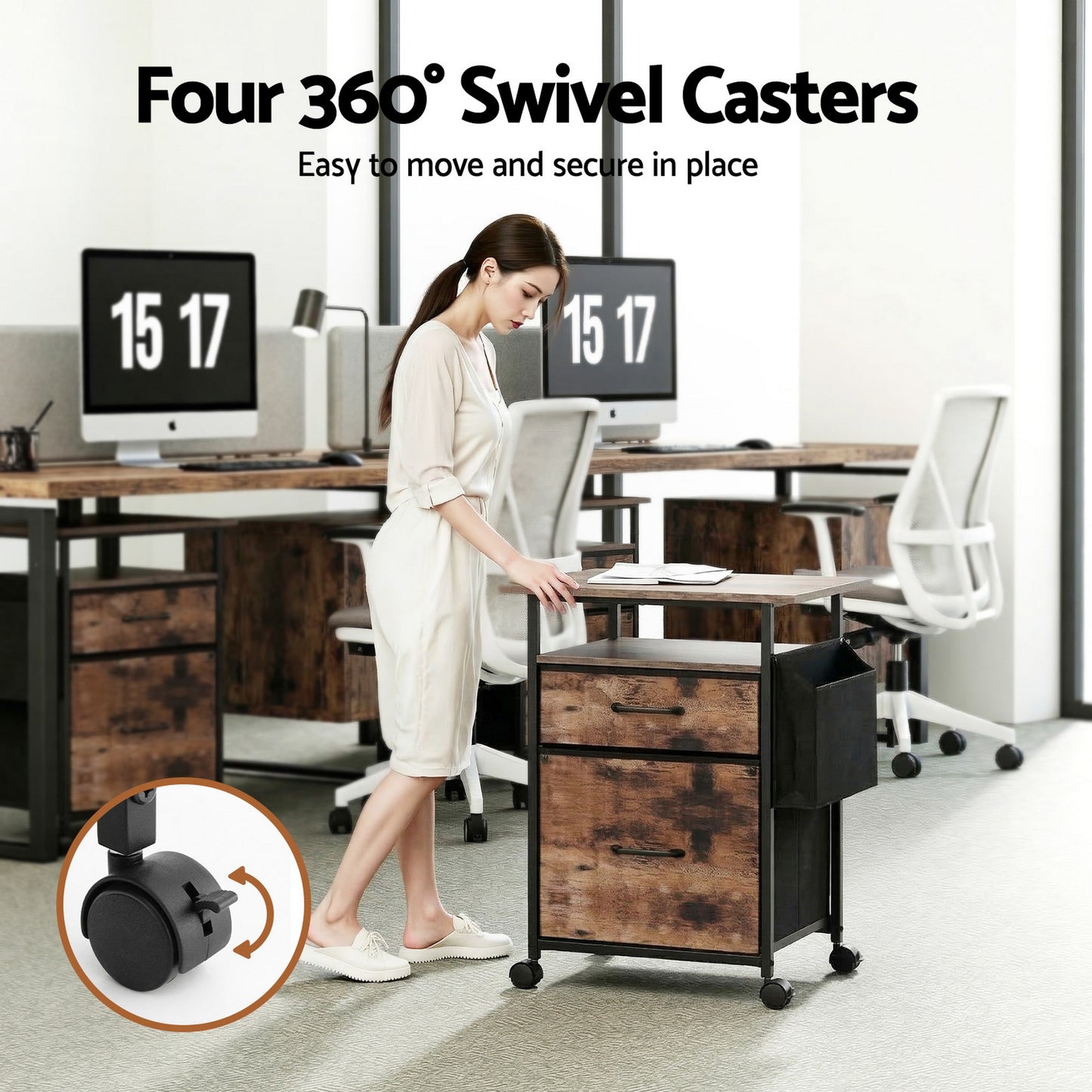 Artiss 2 Fabric Drawer File Cabinet Printer Stand Rolling File Cabinet with Side Bag