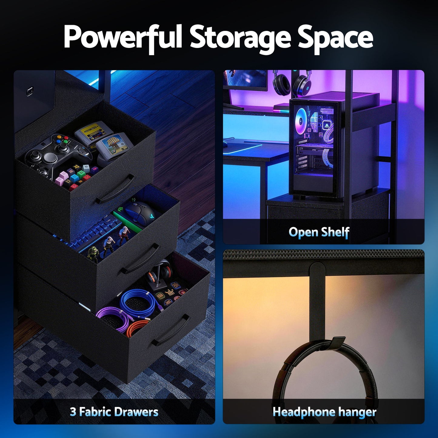 Artiss 145cm L Shaped Gaming Desk Computer Desk with LED Lights & Power Outlets