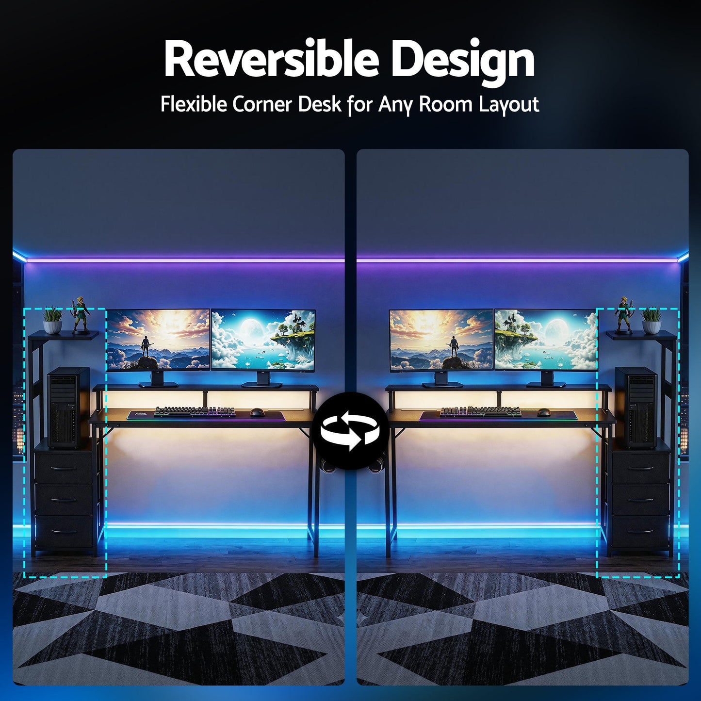 Artiss 145cm L Shaped Gaming Desk Computer Desk with LED Lights & Power Outlets