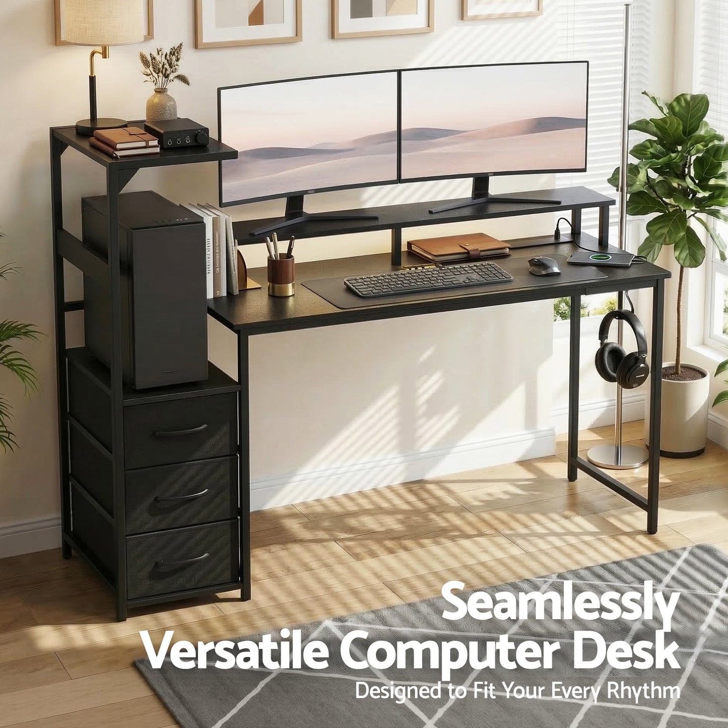 Artiss 145cm L Shaped Gaming Desk Computer Desk with LED Lights & Power Outlets