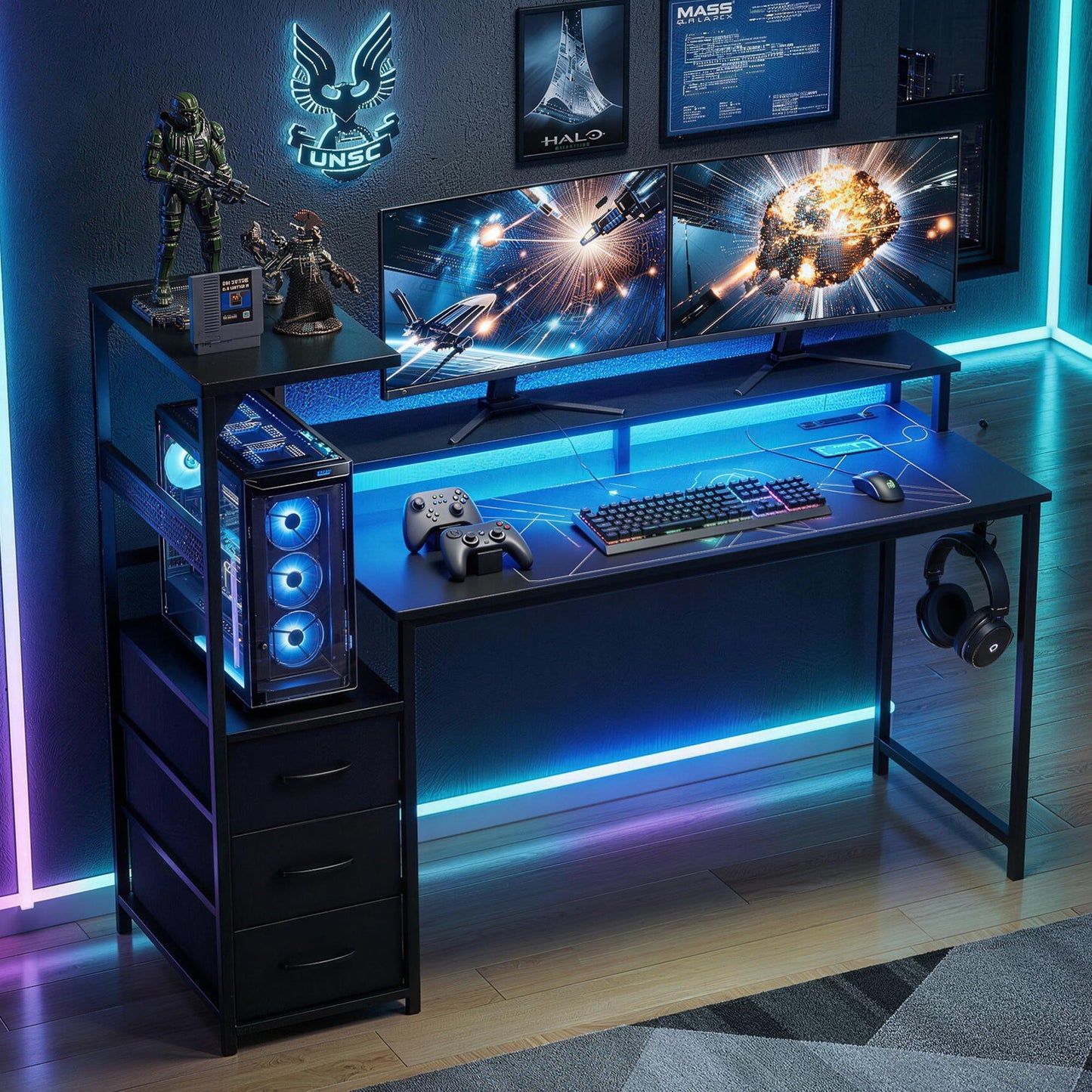 Artiss 145cm L Shaped Gaming Desk Computer Desk with LED Lights & Power Outlets
