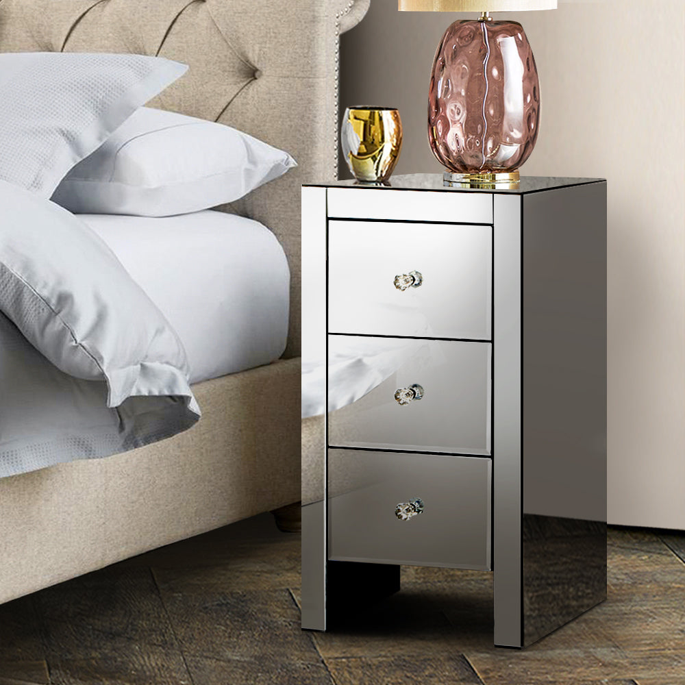 Artiss Bedside Table 3 Drawers Mirrored Glass - QUENN Grey-7