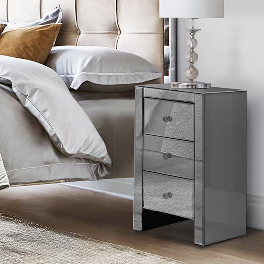 Artiss Bedside Table 3 Drawers Mirrored Glass - QUENN Grey-0