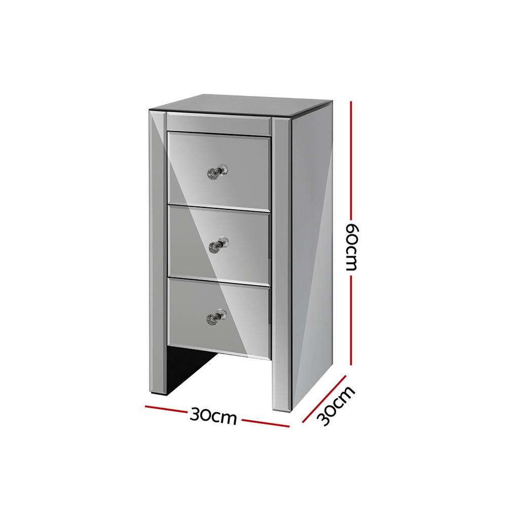 Artiss Bedside Table 3 Drawers Mirrored Glass - QUENN Grey-1