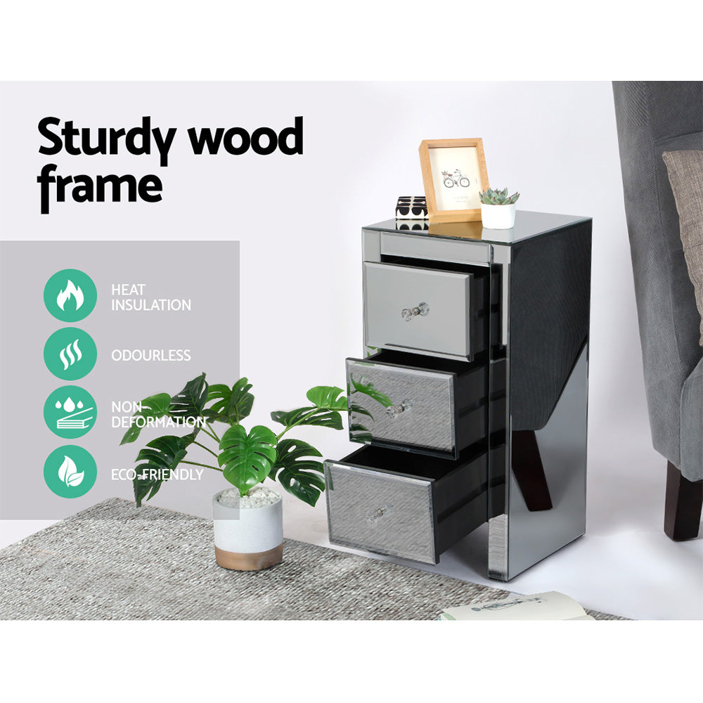 Artiss Bedside Table 3 Drawers Mirrored Glass - QUENN Grey-5