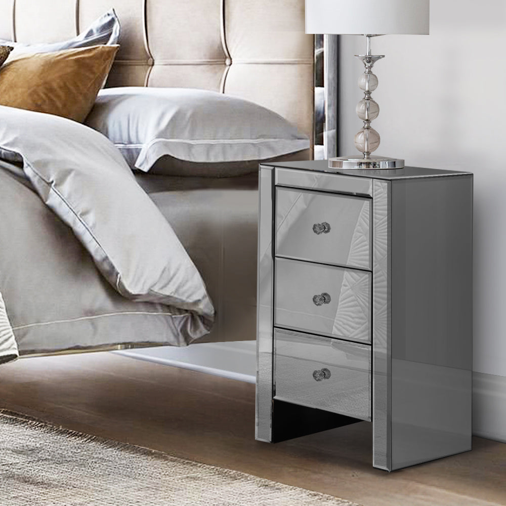 Artiss Bedside Table 3 Drawers Mirrored Glass - QUENN Grey-6