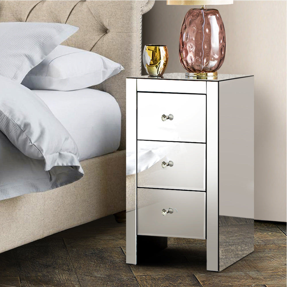 Artiss Bedside Table 3 Drawers Mirrored - QUENN Silver-7