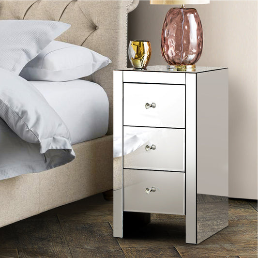 Artiss Bedside Table 3 Drawers Mirrored - QUENN Silver-0