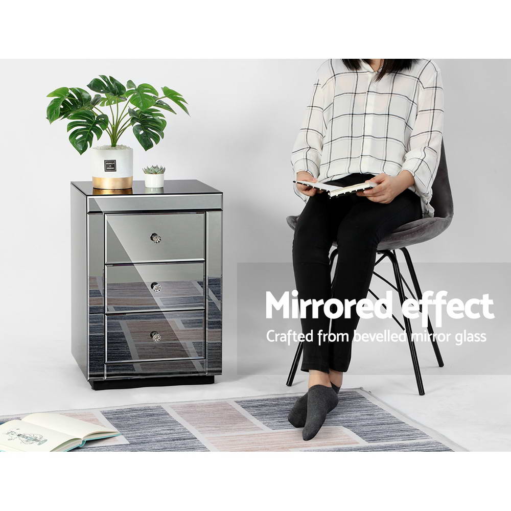 Artiss Bedside Table 3 Drawers Mirrored - PRESIA Grey-5