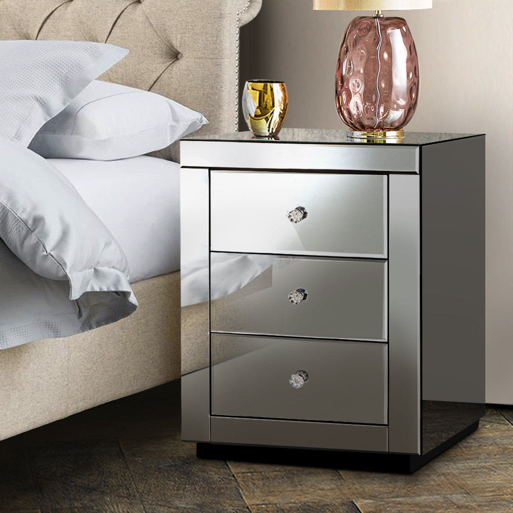 Artiss Bedside Table 3 Drawers Mirrored - PRESIA Grey-7