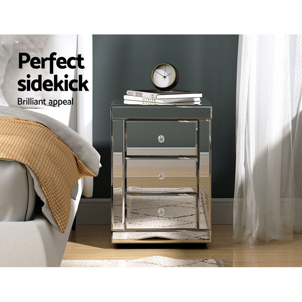 Artiss Bedside Table 3 Drawers Mirrored - PRESIA Silver-4