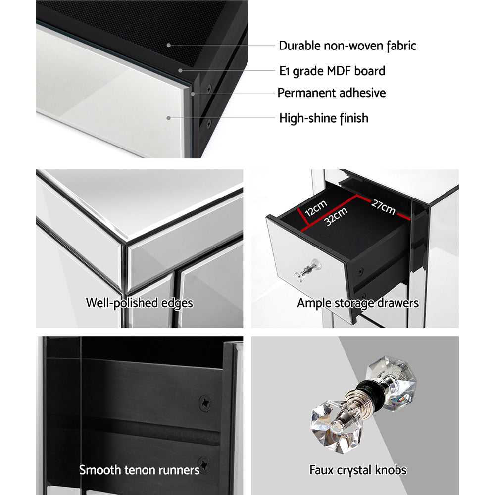 Artiss Bedside Table 3 Drawers Mirrored - PRESIA Silver-6