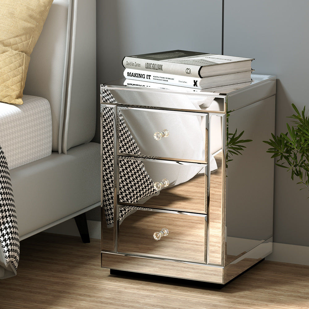 Artiss Bedside Table 3 Drawers Mirrored - PRESIA Silver-7