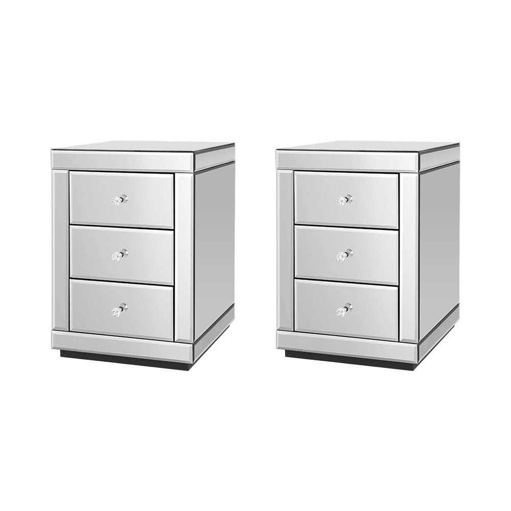 Artiss Set of 2 Bedside Table 3 Drawers Mirrored Glass - PRESIA Silver-0