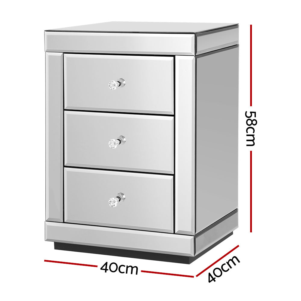 Artiss Set of 2 Bedside Table 3 Drawers Mirrored Glass - PRESIA Silver-1